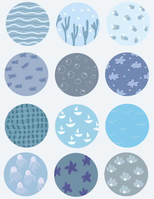 Mavi Desenli Yuvarlak Sticker