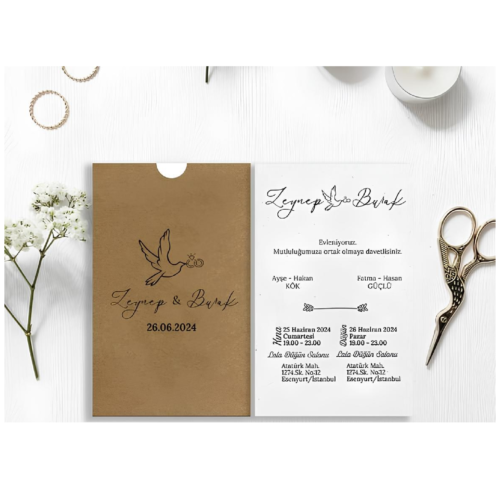 Zarfıyla Birlikte Düğün Davetiyesi 500 02
